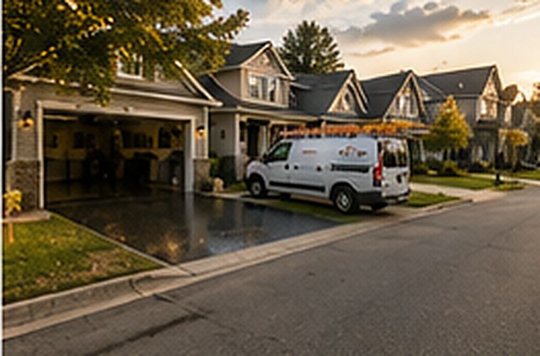 Work van parked outside a suburban garage being coated