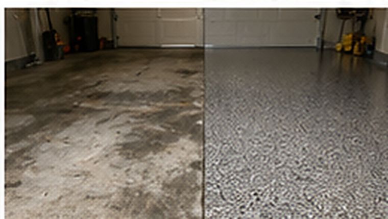 Before and after split of a garage floor coated in gunmetal flake
